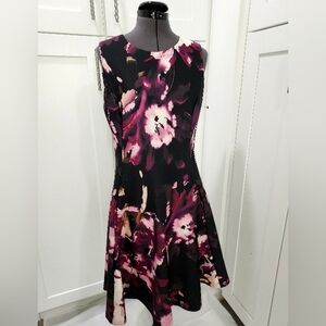 DKNY Floral Black and Pink Scuba Fabric Dress Fit And Flair With Pockets